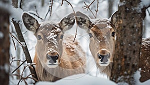 Cow grazing in frosty meadow, close up portrait generative AI