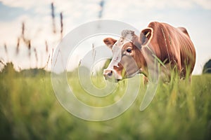 cow grazing on a healthy, lushly fertilized pasture