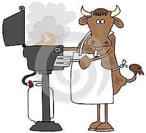 Cow grilling on a propane BBQ