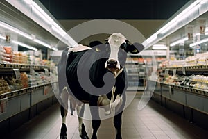 Cow in a grocery store with fridges full of dairy and meat products, vegan concept. AI Generative