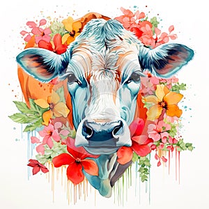 A cow head and beautiful tropical flowers on clean background. Mammals. Farm animals.