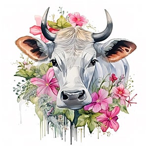 A cow head and beautiful tropical flowers on clean background. Mammals. Farm animals. Illustration, Generative AI