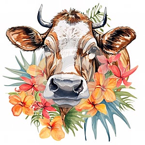 A cow head and beautiful tropical flowers on clean background. Mammals. Farm animals. photo