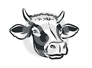 Cow head logo. Dairy farm, fresh milk, beef symbol. Farm animal portrait vector illustration