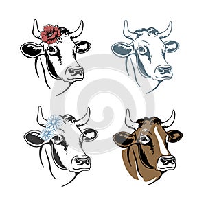 Cow head portrait with flowers, set of stylized vector symbols on white background, Farm animal