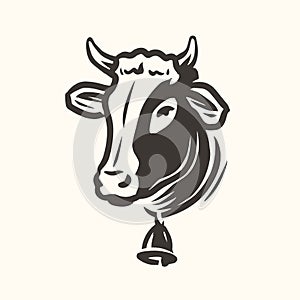 Cow head portrait logo. Dairy farm, fresh milk, beef symbol. Farm animal vector illustration