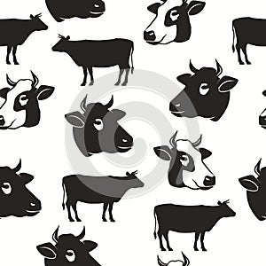 Cow head seamless pattern, silhouette of bull, beef backround
