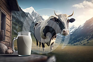 A cow herds in a mountain meadow and a pint of milk on foreground. Generative AI