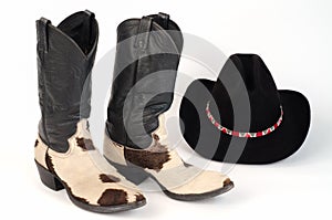 Cow Hide Cowboy Boots and Stetson Hat.