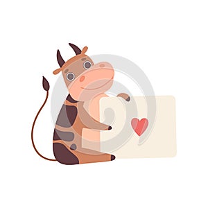 Cow Holding Banner with Red Heart, Cute Cartoon Calf Animal with Sitting with Sign Board Vector Illustration