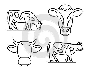 Cow icons set, outline style