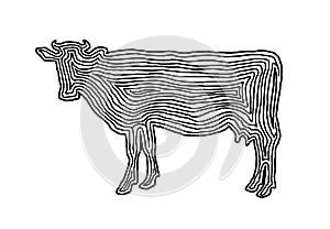 A cow illustration icon in black offset line. Fingerprint style