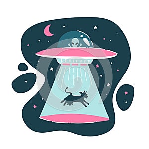 The cow is kidnapped by a UFO. Funny drawing, childish, funny. Drawing by hand. Isolated alien print. Flat vector illustration