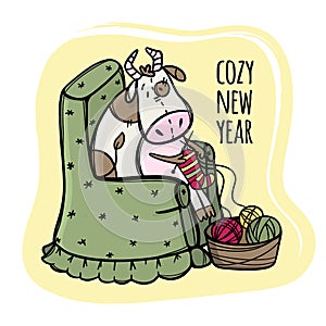 COW KNITS AND WISHES A COZY NEW YEAR Vector Illustration Set