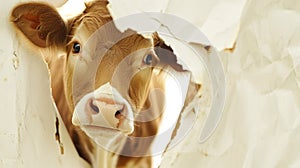 Cow looking up in paper side torn hole isolated. Generative Ai