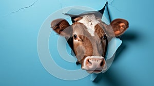 Cow looking up in paper side torn hole isolated. Generative Ai