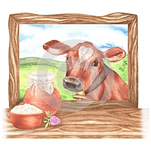 The cow looks into the window of the house where there is a jug of milk and sour cream on the windowsill. Watercolor