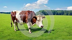 Cow in a lush green pasture under a clear sky. Brown and white cow grazing. Concept of pastoral life, dairy farming