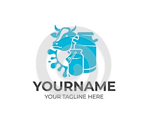 Cow, milk cans and splash milk, logo design. Dairy farm, milk farm, cattle breeding and stock raising, vector design