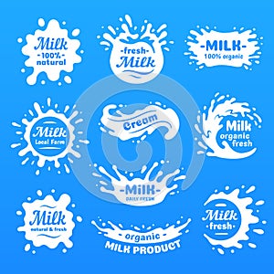 Cow milk splashes with letters. Isolated milks splash for health food store, dairy logo vector label photo