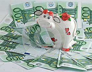 A cow the money bank on money pasture