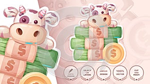 Cow with money - cute sticker