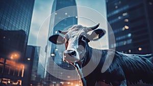 Cow is outdoors in modern city with skyscrapes. Beautiful illustration picture. Generative AI