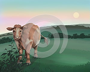 Una vaca en pastar durante atardecer campo 