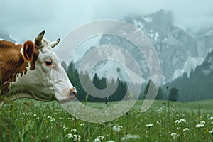 cow peaking from the side of the frame, green meadow