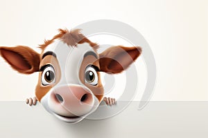 cow peeking out from behind a blank board - 3d illustration