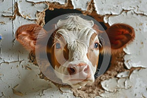 A cow peeks through a hole in the wall