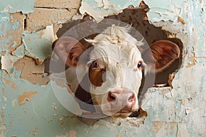 A cow peeks through a hole in the wall