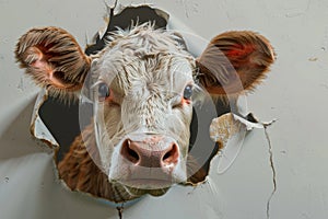 A cow peeks through a hole in the wall