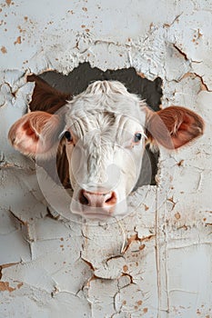 A cow peeks through a hole in the wall