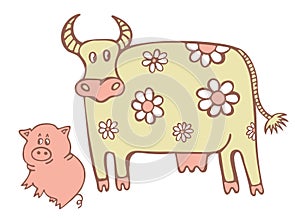 Cow and pig. Cute domestic animals. Doodle vector isolated illustration.