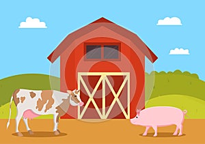 Cow and Pig Swine on Farm Vector Illustration