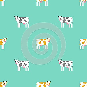 Cow pixel art pattern seamless. 8 bit farm animal backgroundn. vector ornament