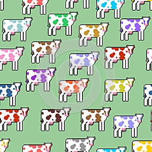 Cow pixel art pattern seamless. 8 bit farm animal backgroundn. vector ornament photo