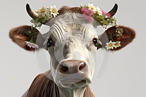 Cow portrait with a flower crown on white background