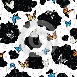 Cow Print with Butterflies seamless pattern background