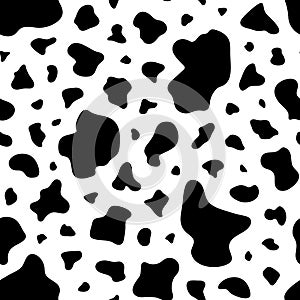 Cow print seamless pattern. Repeated black spot cow on white background. Milk texture for design prints. Repeating dapple skin. Re