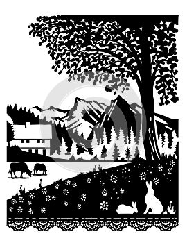 Cow and Rabbit in Diemtigtal Nature Park in Bern Switzerland Swiss Scherenschnitte Paper Cut Style photo