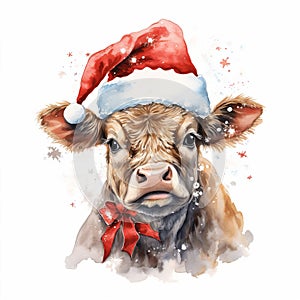 Cow in Red Santa Hat isolated on white background