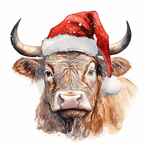 Cow in Red Santa Hat isolated on white background