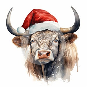 Cow in Red Santa Hat isolated on white background