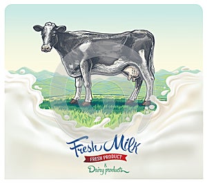 Cow, and rural landscape with hills, with a splach milk in a graphic style.
