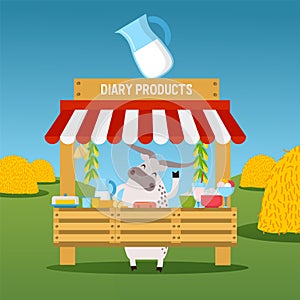 Cow selling dairy products at market stall, healthy organic farm food, vector illustration