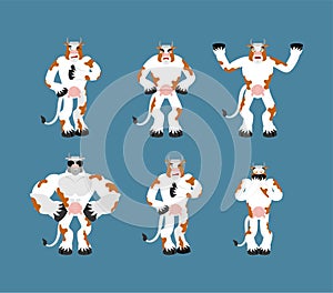 Cow set poses. Steed happy and yoga. Farm animal sleeping and angry. guilty and sad. Vector illustration