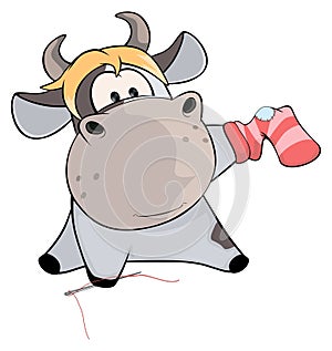 A cow sews a sock. Cartoon