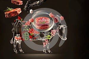 Cow silhouette, artificial meat, beef vat grown in lab. Concept collage, illustration, to illustrate new technology with AI